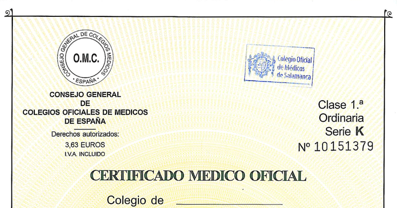 Certificado Médico Oficial form issued by the Spanish medical colleges council