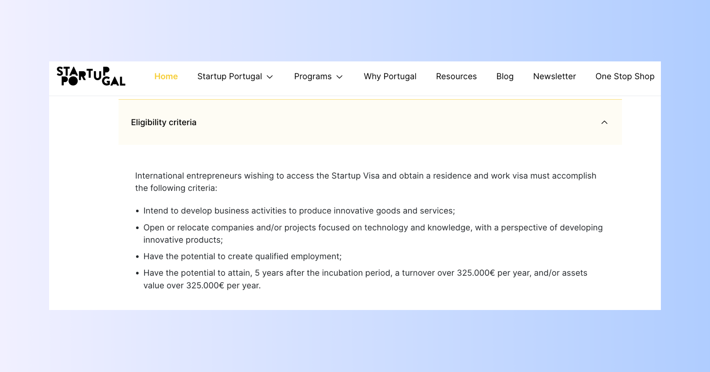 Критерии отбора для Startup Visa на сайте Startup Portugal