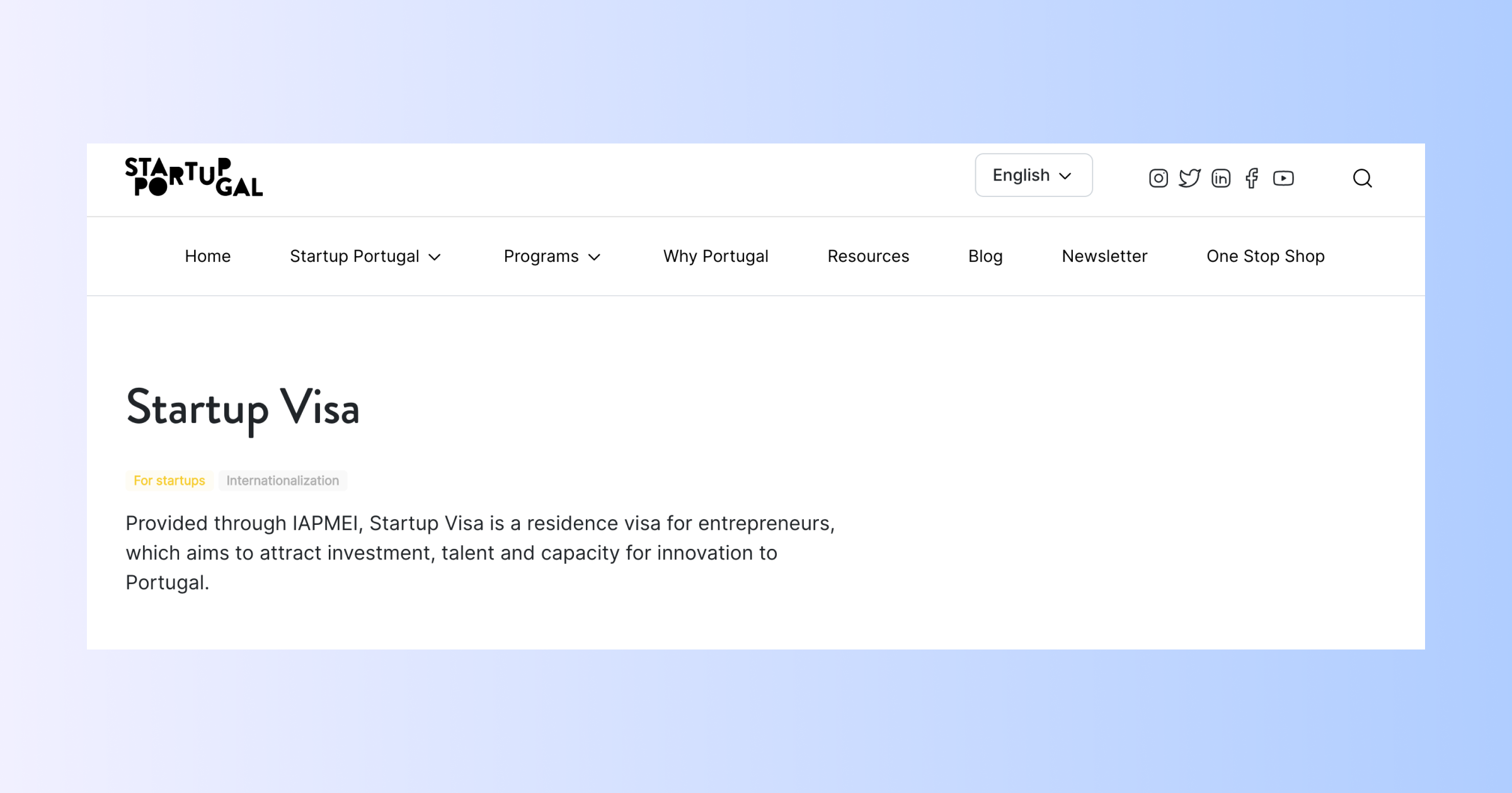 Страница Startup Visa на сайте Startup Portugal: резидентская виза для предпринимателей