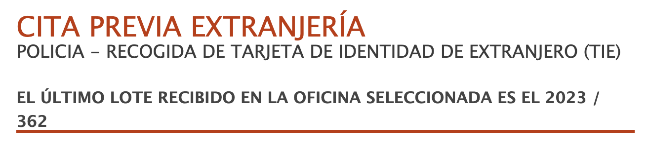 Cita Previa page stating the latest TIE card batch received by the office