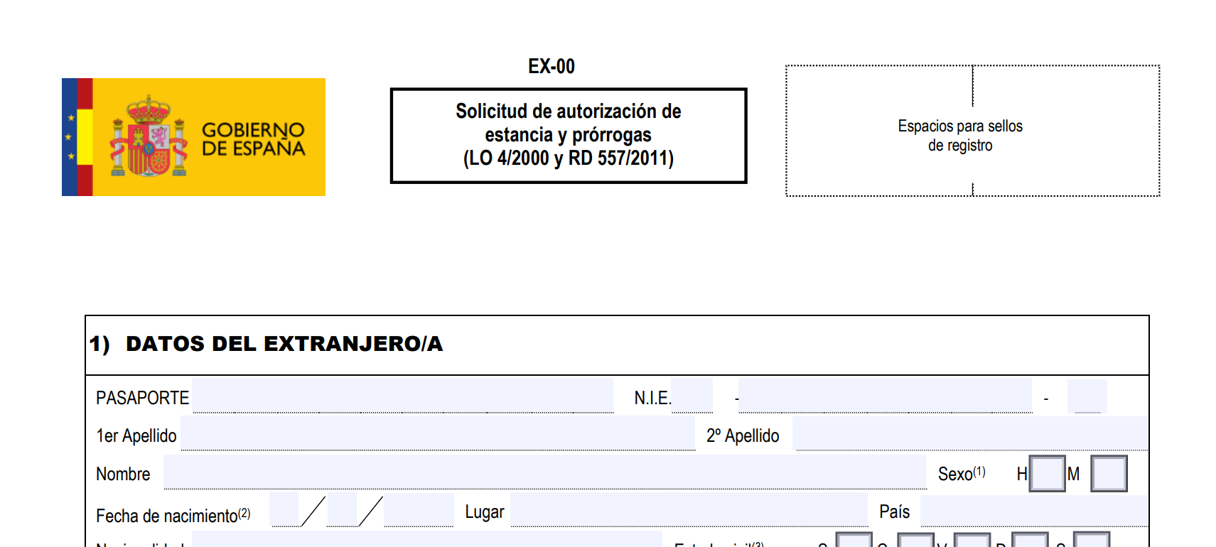 Top of the EX-00 form, application for stay authorisation and extensions