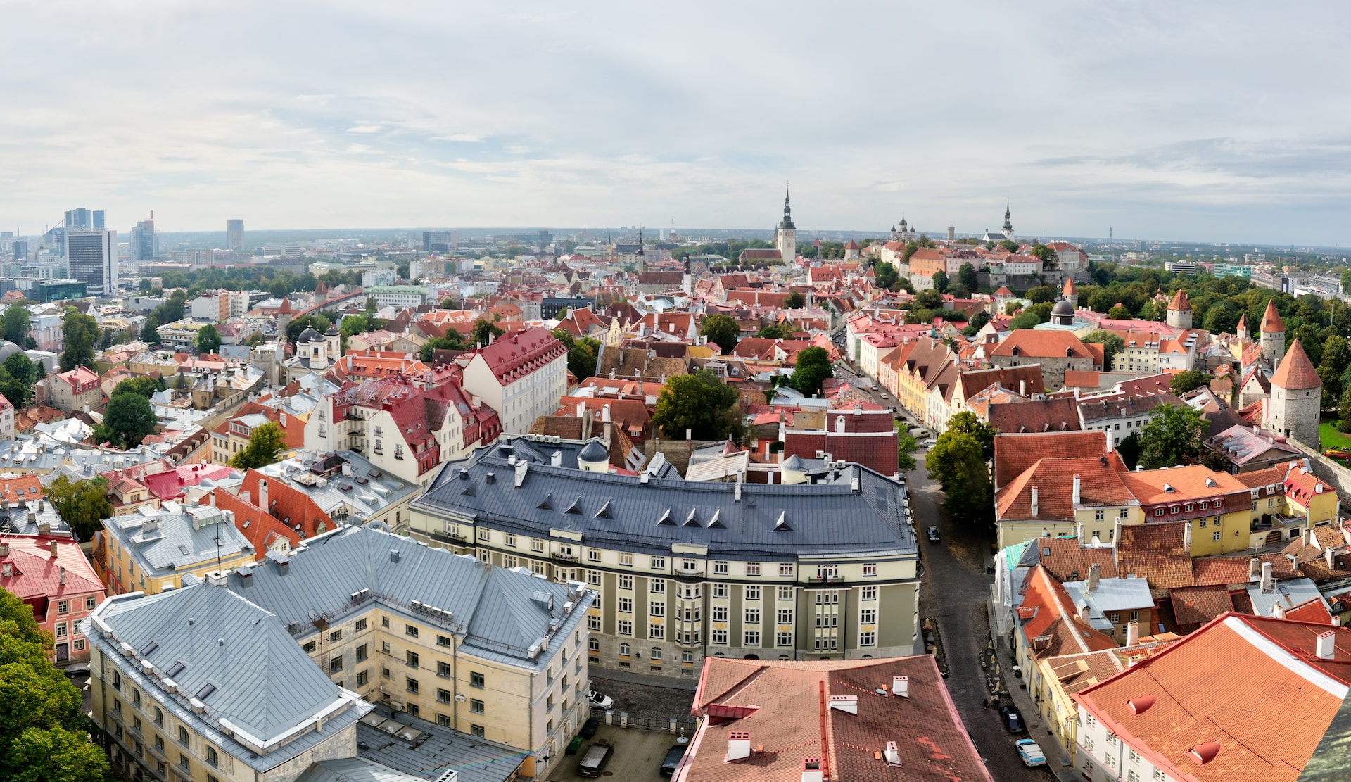 Panoramic view of an old town with red rooftops and church spires