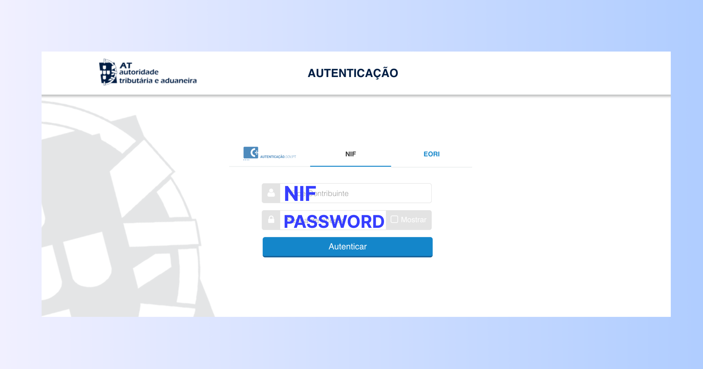 Скриншот страницы входа на портал налоговой службы Португалии по NIF и паролю